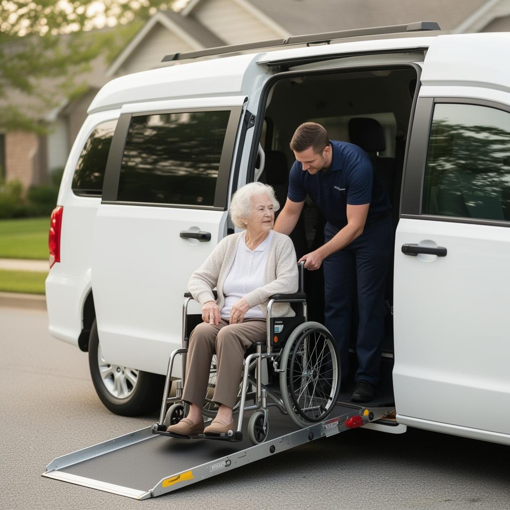 A driver helping an older adult in a wheelchair board an accessible van using the ramp.